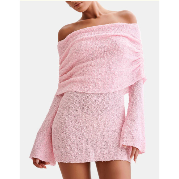 Meshki Marisol Off-Shoulder Boucle Bodycon Mini Dress Baby Pink Women's Size XS - Picture 1 of 6